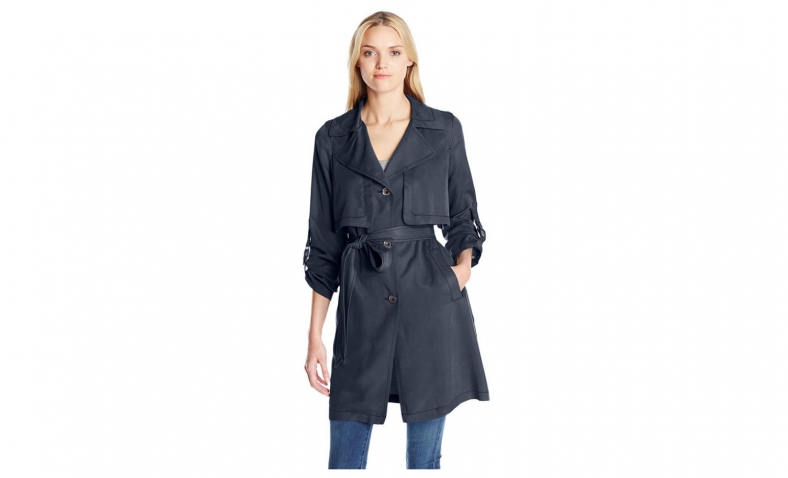 75% off 7 For All Mankind Women’s Soft Drape Sand Washed Tencel Single Breasted Trench, Navy, Large $63.69