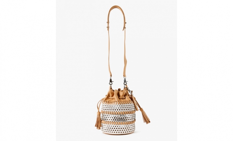 LOEFFLER RANDALL Mini Industry Perforated Woven Leather Bucket Cross Body, White/Silver/Natural $78.76